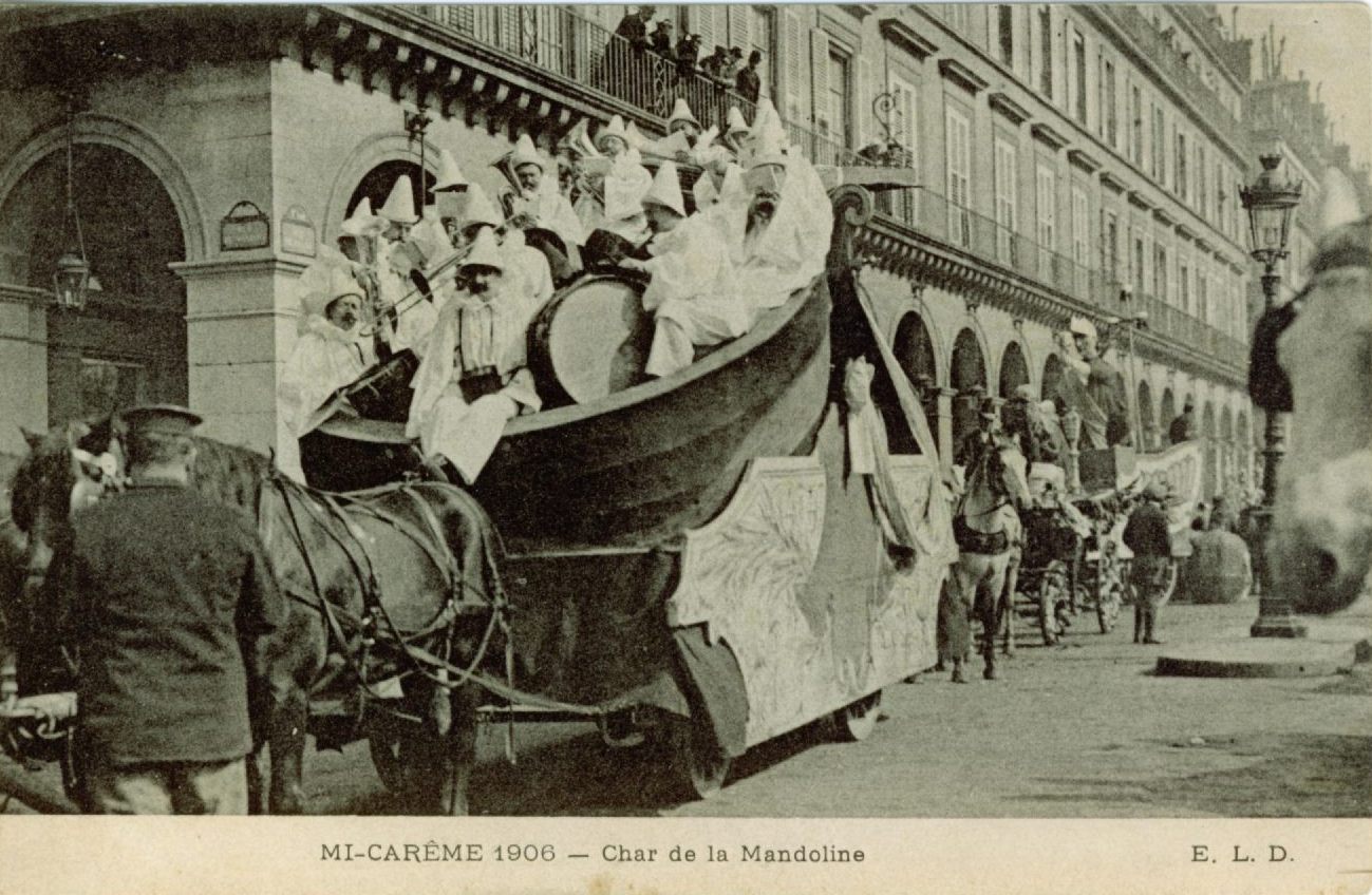Postkarte Mandoline Carnaval Fasnacht Wagen