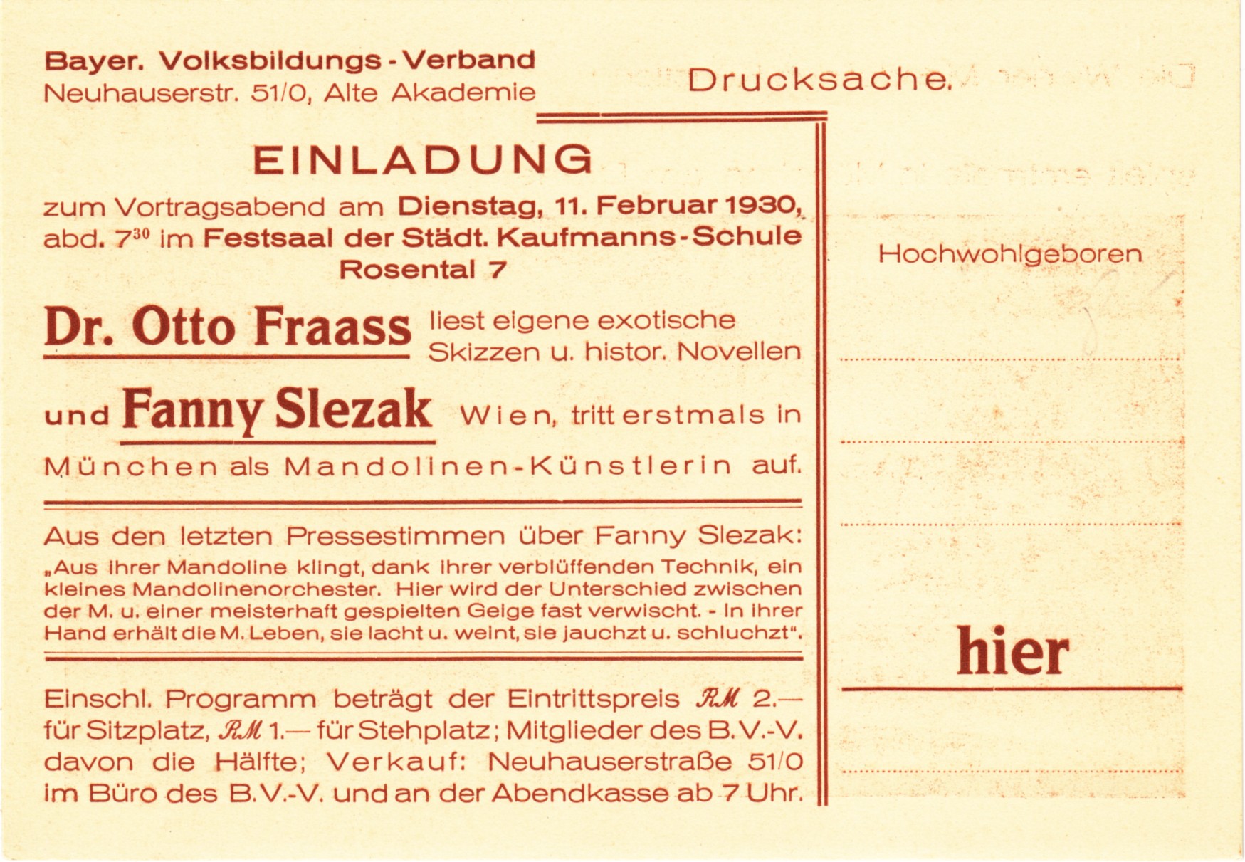 Postkarte Konzertprogramm Konzert Fanny Slezak München