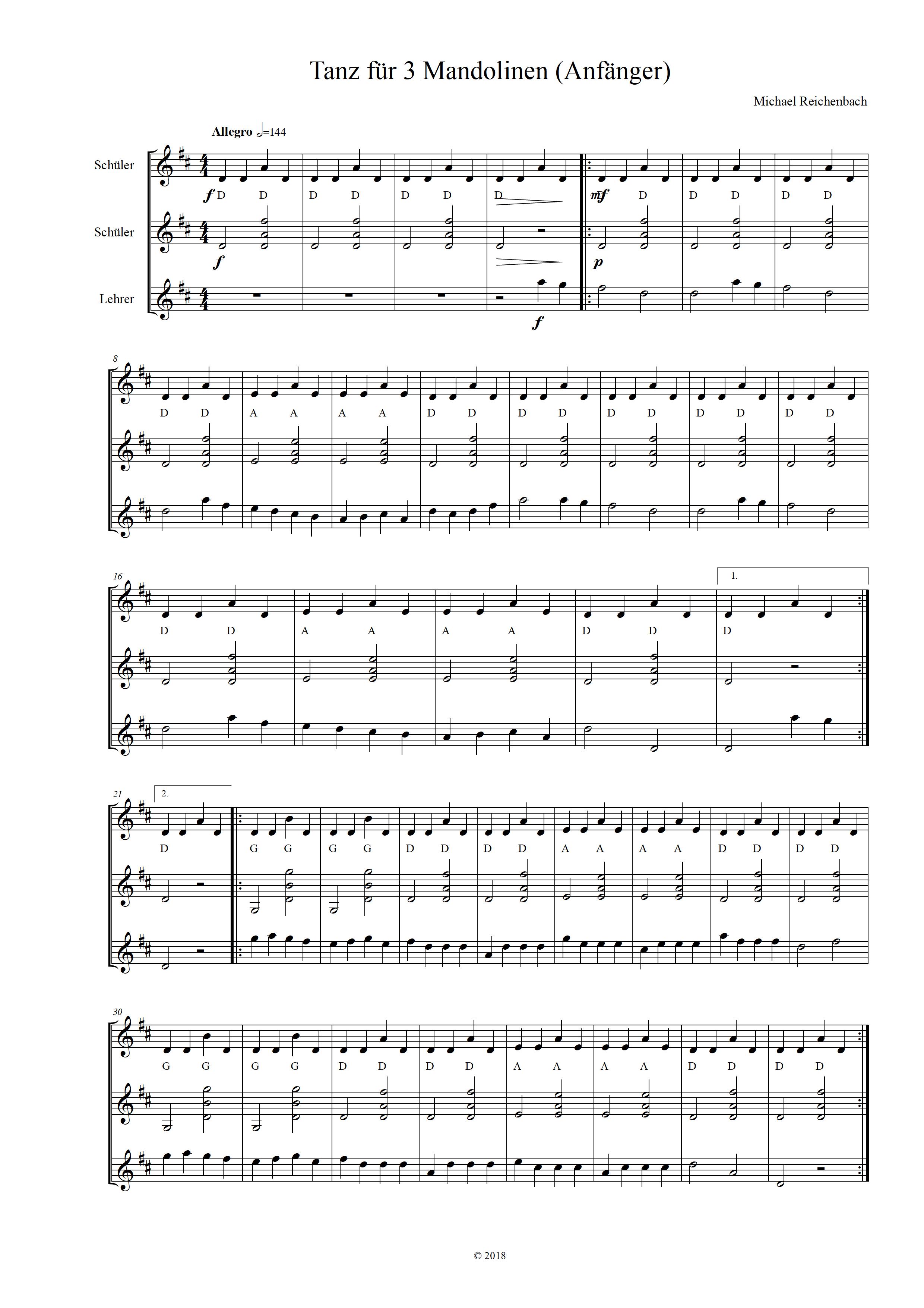 Mandoline lernen Kapitel 13 - Tanz in D-Dur Trio für drei Mandolinen