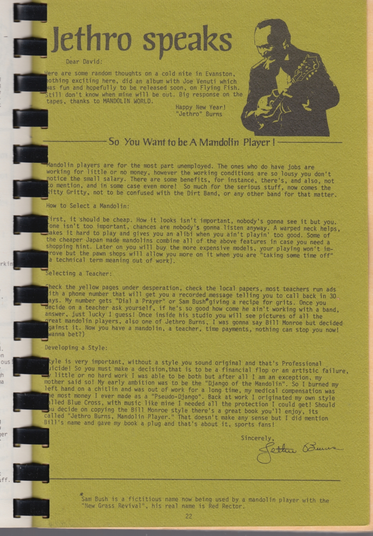 Jethro Speaks - aus Mandolin World News Spring 1977 Diptanshu Roy Mandoline Instrument des Jahres Mandolinenspieler des Tages