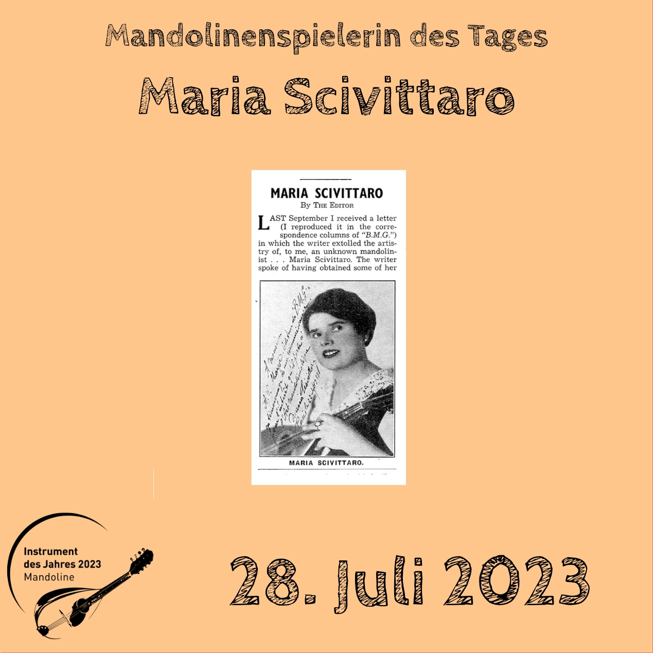 28. Juli - Maria Scivittaro Mandoline Instrument des Jahres 2023 Mandolinenspieler Mandolinenspielerin des Tages